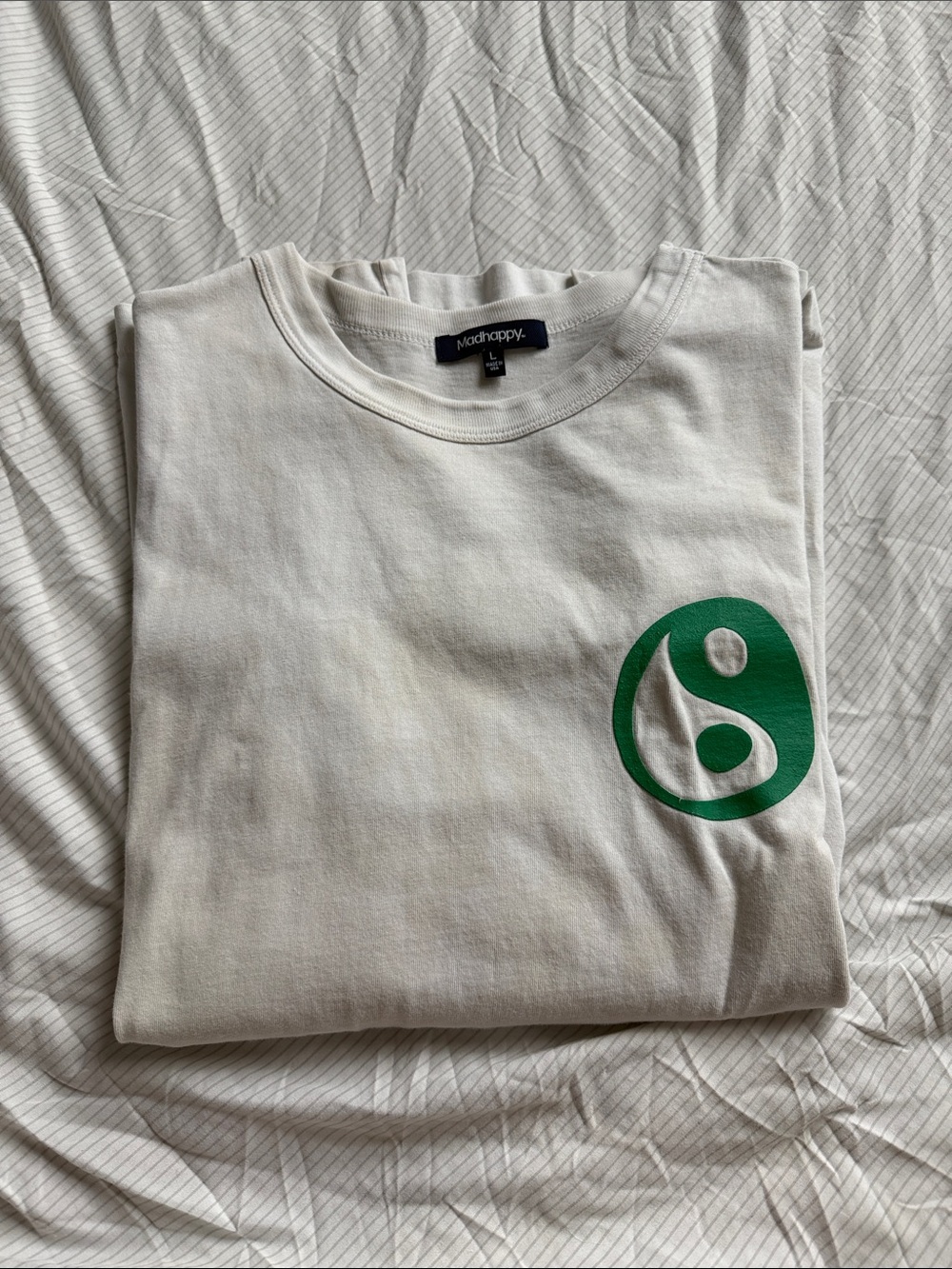 Madhappy White Tee with Green Yin-Yang Chest Graphic